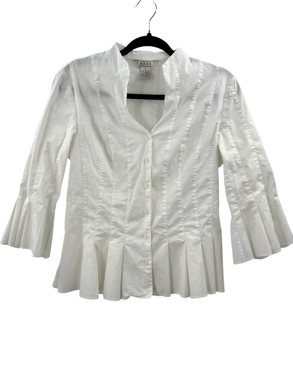 NEXX White Peplum Blouse Bell Sleeve Stretch Cotton Button Front Medium - Picture 2 of 8